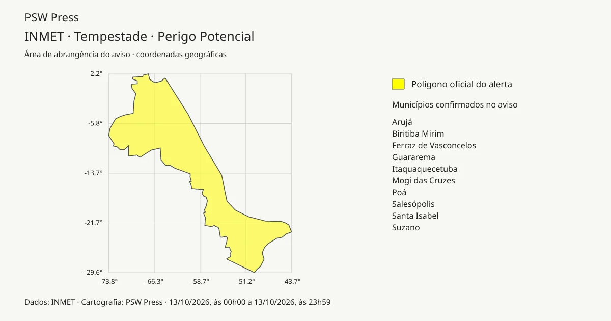 Área de abrangência do aviso de tempestade 56014, de INMET. O polígono indica a área do alerta, sem representar ocorrências.